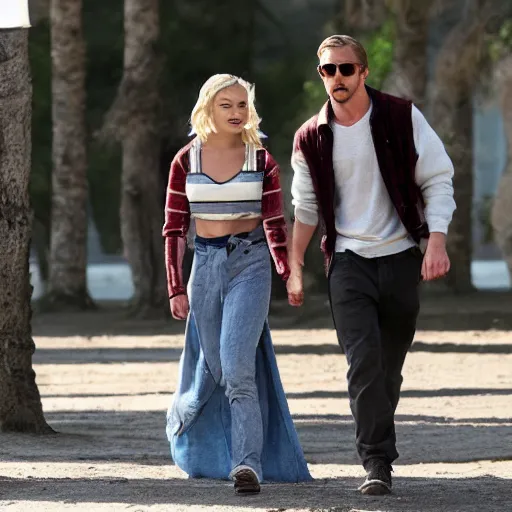 Image similar to still of ryan gosling and margot robbie, walking in human face