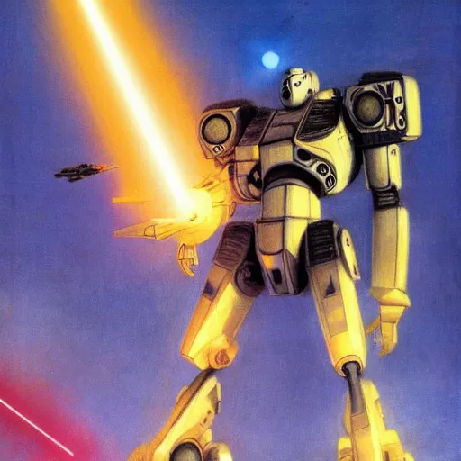 Prompt: a gigantic mech suit firing a laser, by John Martin