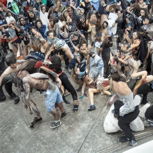 Prompt: abstract mosh pit, slam dancing creatures, circle pit demons, chaotic riot, violent zombie dance, violent protest, war photography, high detail, 4 k