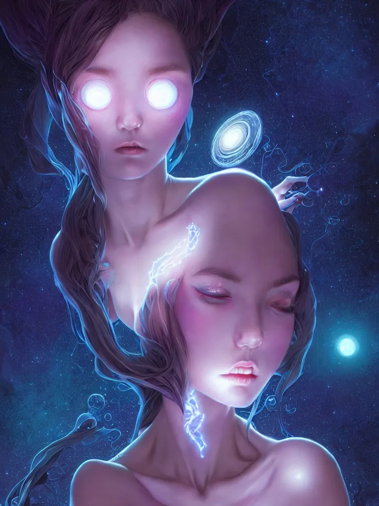 Image similar to azathoth girl talking to you, dress made out milky way, full body, occlusion shadow, specular reflection, rim light, unreal engine, artgerm, artstation, art by hiroaki samura and ilya kuvshinov and ossdraws, intricate, highly detailed 8 k, cosmic horror illustration, extremely beautiful shape of face and body