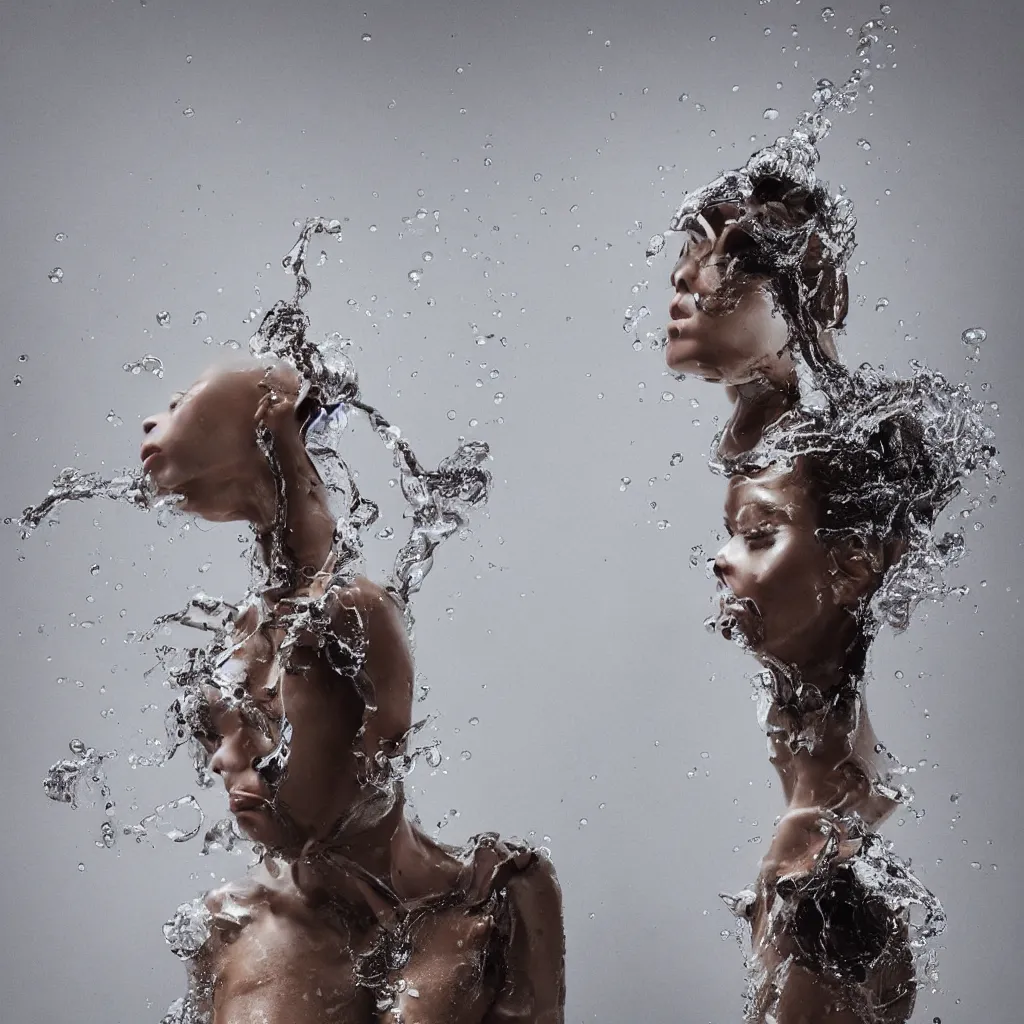 Prompt: flume_and former_cover_art_future bass girl unwrapped_statue_bust _curlsof _hair_petite_lush_body_photography_model, water droplet, fungi grow_futuristic metal material style of Jonathan Zawada Thisset