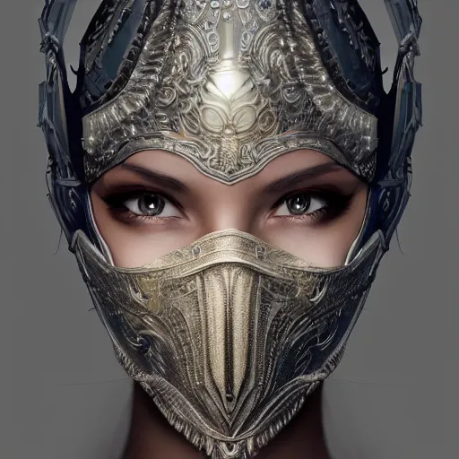 Image similar to Very very very very highly detailed epic photo of face with venetian mask, intricate, dystopian, sci-fi, extremely detailed, digital painting, artstation, concept art, smooth, sharp focus, illustration, intimidating lighting, incredible art by Artgerm