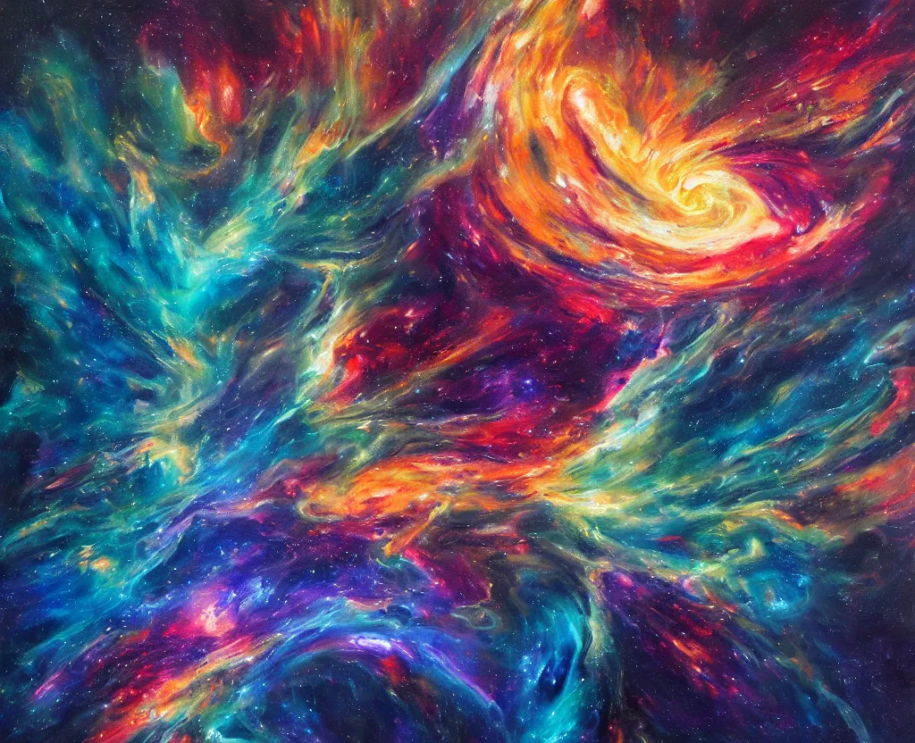 Prompt: an abstract oil painting of an unbelievably beautiful space nebula ; swirling sheets of light, fire and darkness ; hyper - detailed ; an extraordinary masterpiece!!! ; flawless ; trending on artstation
