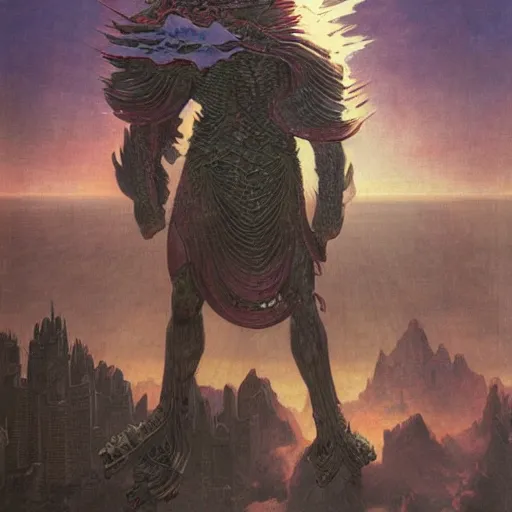 Image similar to portrait of immense, majestic, surreal, terrifying yosh from super smash standing triumphant over the city, perfectly clear face, by j. c. leyendecker, bosch, and beksinski