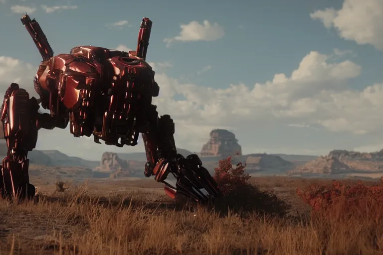 Image similar to a cinematic still from Westworld, red mech, armored core, humanoid servo, octane render, nvidia raytracing demo, masterpiece