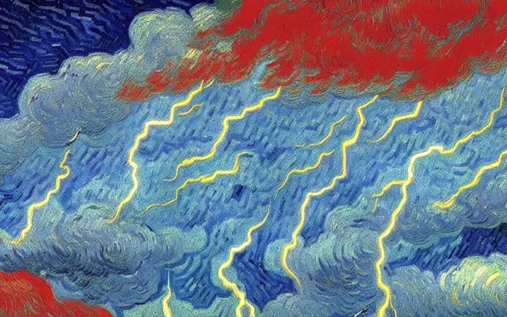 Prompt: lightning strikes a close up of a dark cloud with a cloudy sky blue and red and green colors high detailed by van gogh