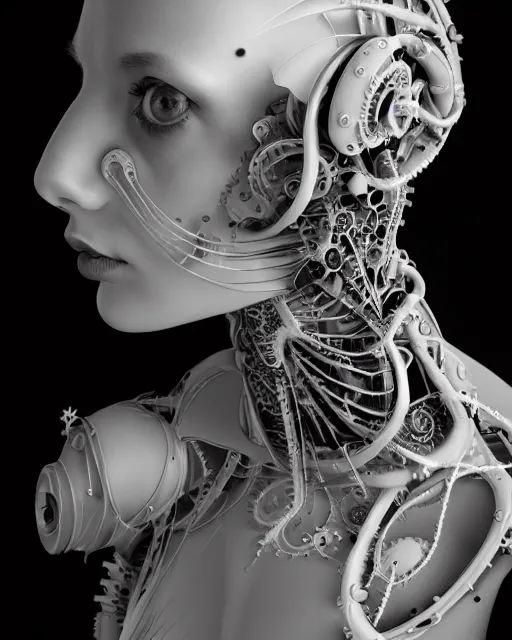 Image similar to black and white dreamy foggy profile face portrait, one steampunk cat eye biomechanical beautiful young female cyclope - cyborg - robot bust, body ribs meshes,, volumetric light, hibiscus flowers, by hg giger, rim light, by dora maar and cecile beaton, big gothic fashion pearl embroidered collar, 8 k