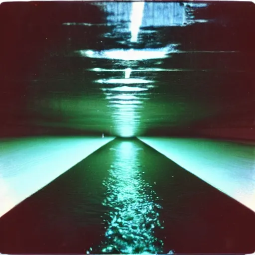 Image similar to a flooded parking garage with lights under the surface of the water, surreal, liminal, polaroid,