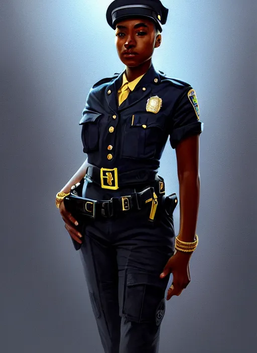 Image similar to full body portrait of young black woman as a police officer holding handcuffs, police uniform, intricate, beautiful and elegant, highly detailed, digital painting, artstation, concept art, smooth, sharp focus, illustration, art by wlop, mars ravelo and greg rutkowski