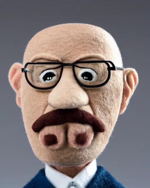 Image similar to walter white as a muppet. highly detailed felt. hyper real photo. 4 k.