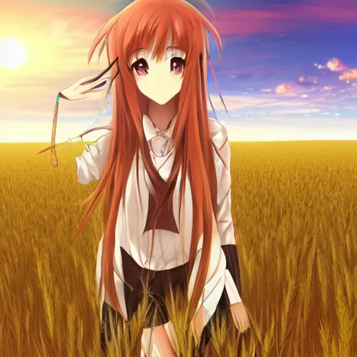 Image similar to anime illustration of Holo from Spice and Wolf standing in a wheat field at sunset, Holo if a wolf girl, high detail, trending on pixiv