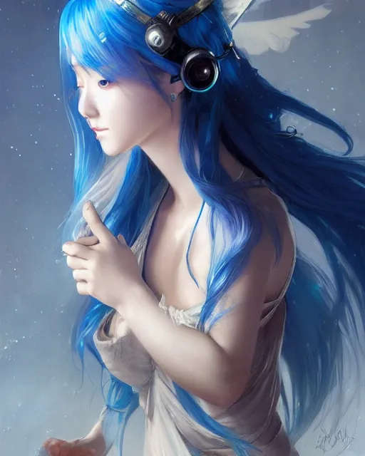 Image similar to stunningly beautiful female blue hair, cute korean actress, dj sura, fantasy art, sharp focus, digital painting, 8 k, concept art, art by wlop, artgerm, greg rutkowski and alphonse mucha