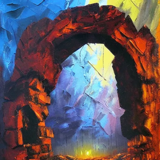 Prompt: colorful andreas rocha impasto!! acrylic painting of the gateway of a forgotten civilization