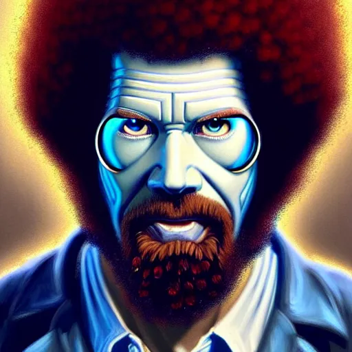 Prompt: bob ross with extremely large and intricate eye cyberpunk bionics with angry blue eyes and slim features looking askance, eye cyberpunk bionics, retro futurist style, intricate, elegant gleaming intricate baroque jewelry, angelic halo, highly detailed, digital painting, artstation, concept art, smooth, sharp focus, illustration, art by wlop, mars ravelo and greg rutkowski,