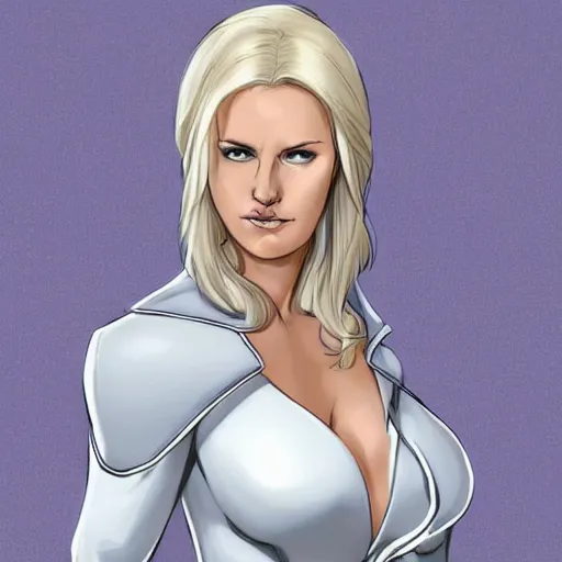 Prompt: portrait of emma frost, a beautiful woman in her 3 0 s with white blonde hair and blue eyes dressed in a fashionable white suit, detailed face, delicate features, smooth, sharp focus, teasing smile, artstation, art by cole marchetti,