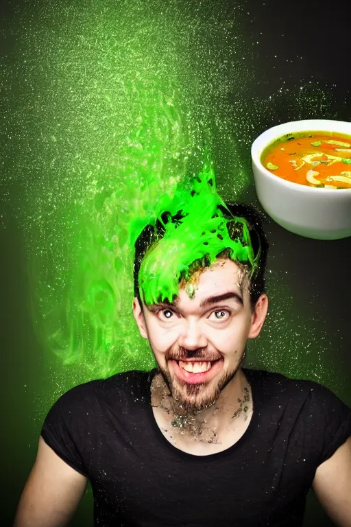 Image similar to 📷 jacksepticeye bathing in soup, made of food, head portrait, dynamic lighting, 4 k