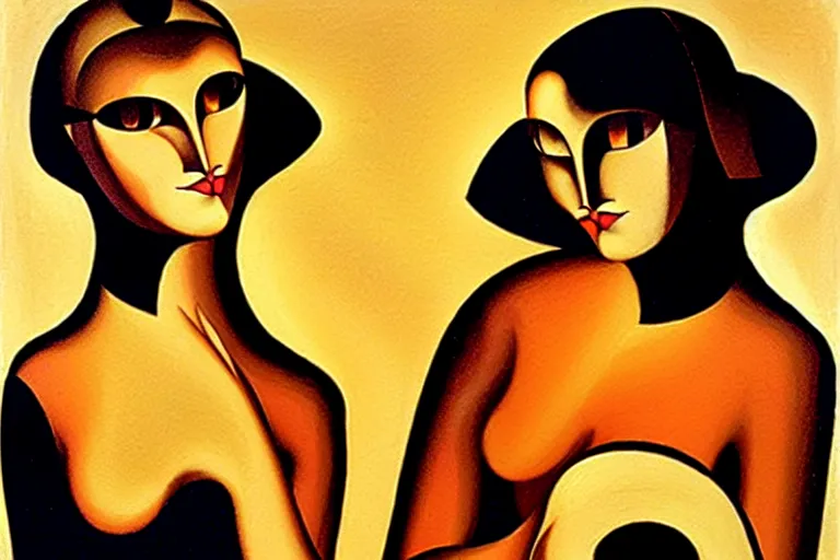 Image similar to two cats, an art deco painting by tamara lempicka, featured on deviantart, figurative art, art deco, detailed painting, airbrush art