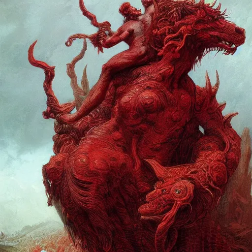 Image similar to a masterpiece! photographic portrait of a scarlet - colored!! beast!! with seven heads!! and ten horns!! by gustave dore and sam spratt and allen williams, trending on artstation, cgsociety, 8 k hd, earthtone colors, a cloaked woman riding the back of the beast