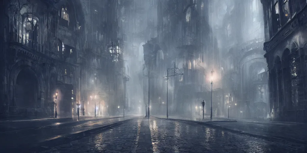 Image similar to A hauntingly beautiful city in a dark cavern, rainy and gloomy atmosphere, fantasy digital art, octane render, beautiful composition, trending on artstation, award-winning photograph, masterpiece