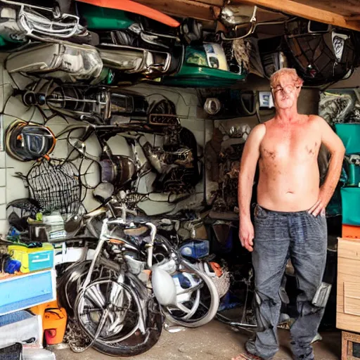 Prompt: mollusk man, posing in his garage, detailed photo