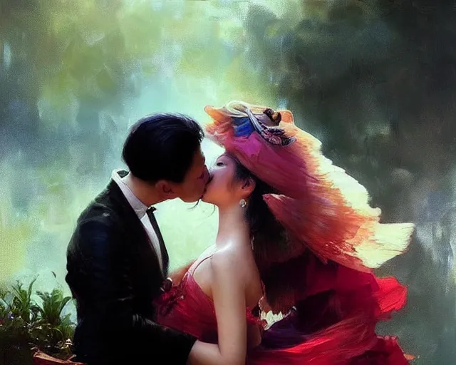Image similar to photography of south east asian couples kissing each other, deep focus, d & d, volumetric light, colourful, sharp, detailed, digital painting by rolf armstrong, jeremy lipkin and michael garmash, rob rey and kentaro miura style, pinterest behance top picks