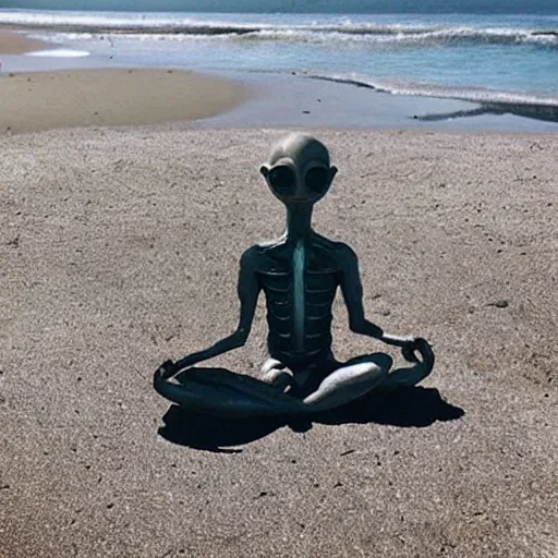 Prompt: “meditating alien on the beach”