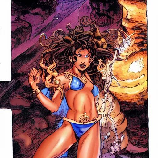 Prompt: a young female brown skinned brown haired genie, with abs, emerging from a lamp, rippling with magic, smiling enthusiastically appearing as a character in volume 6 of Metabarons, drawn by Mobius - masterpiece of evocative linework and expressive colours