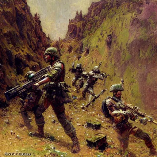 Image similar to soldiers being killed by fantasy minecraft creeper, painting by Gaston Bussiere, Craig Mullins