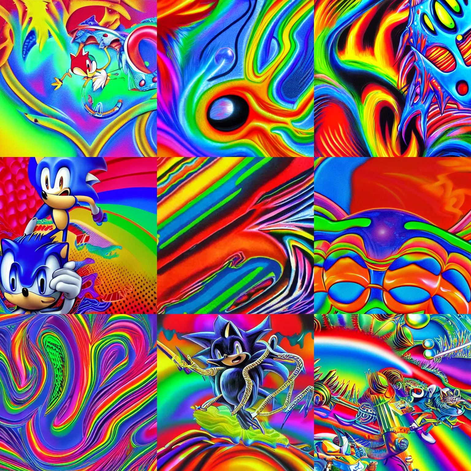 Prompt: closeup of a surreal, sharp, detailed professional, high quality airbrush art mgmt album cover of a liquid dissolving airbrush art lsd dmt sonic the hedgehog floating through cyberspace, rainbow checkerboard background, 1 9 9 0 s 1 9 9 2 sega genesis airbrush art video game album cover