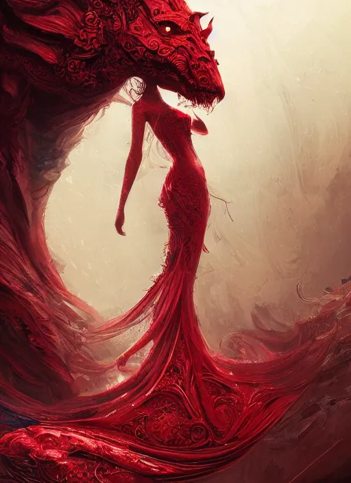 Image similar to woman in love sit upon a scarlet coloured beast, pain, royal dress, light effect, hyper detailed, intricate, atmospheric, elegant, highly detailed, digital painting, artstation, concept art, matte, sharp focus, illustration, by james jean, andrei riabovitchev, marc simonetti, yoshitaka amano