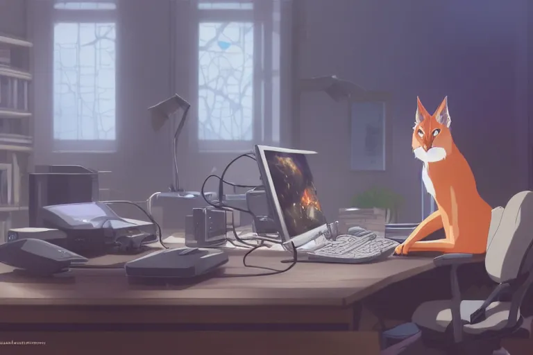 Image similar to a nerdy caracal is programming at a computer in a room full of gadgets, by makoto shinkai and ghibli studio, dramatic lighting, highly detailed, incredible quality, trending on artstation