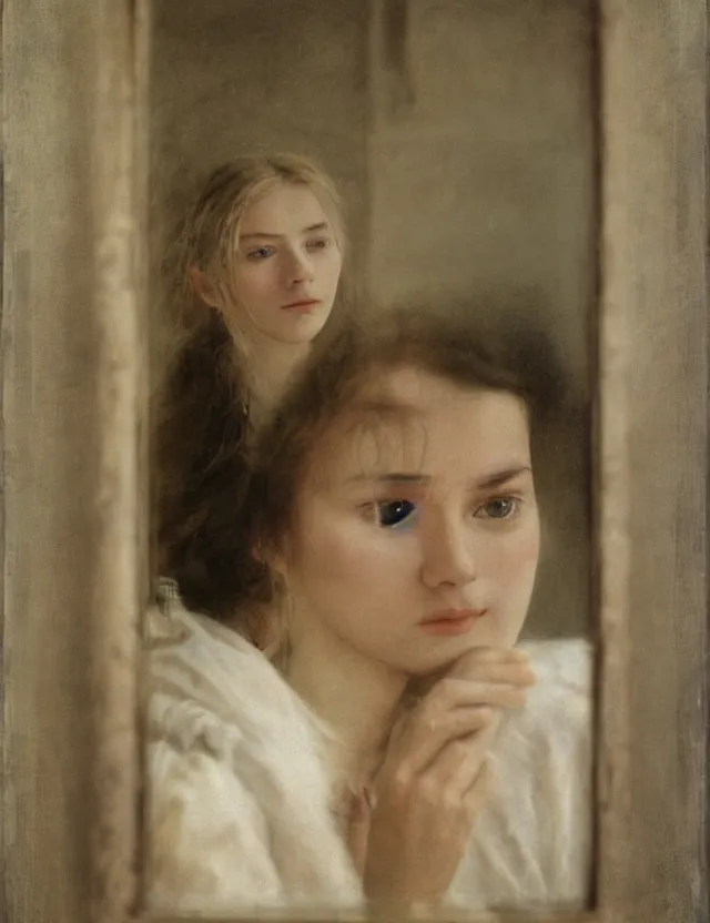 Prompt: portrait of peasant girl looking in a mirror, Cinematic focus, Polaroid photo, vintage, neutral colors, soft lights, foggy, by Steve Hanks, by Serov Valentin, by lisa yuskavage, by Andrei Tarkovsky 8k render, detailed, oil on canvas