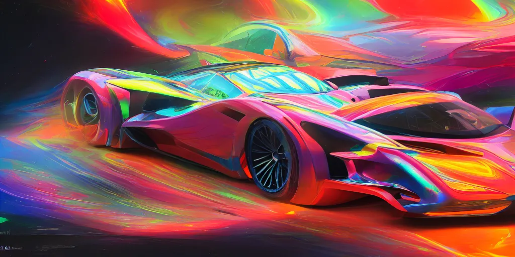 Prompt: full view of a sport car, painted in many bright colors holographic pearlescent, elegant, digital painting, concept art, smooth, sharp focus, art style from Wang Ke and Greg Rutkowski and Bruce Kaiser and Scott Robertson and Dmitry Mazurkevich and Doruk Erdem and Jon Sibal, small style cue from Blade Runner