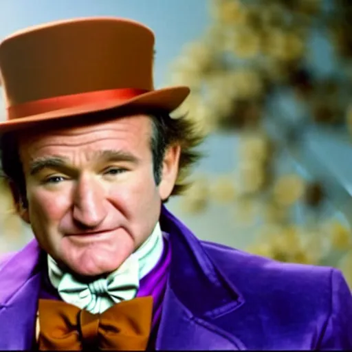 Image similar to stunning awe inspiring robin williams as willy wonka movie still 8 k hdr atmospheric lighting