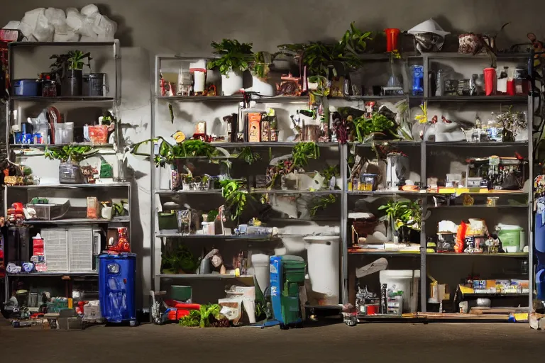 Image similar to garage with carnivorous plants on the shelves and packing peanuts on the floor, scene from tv show hyper detailed 5 5 mm 8 5 mm, low - light photography by tyler mitchell, made out of plastic