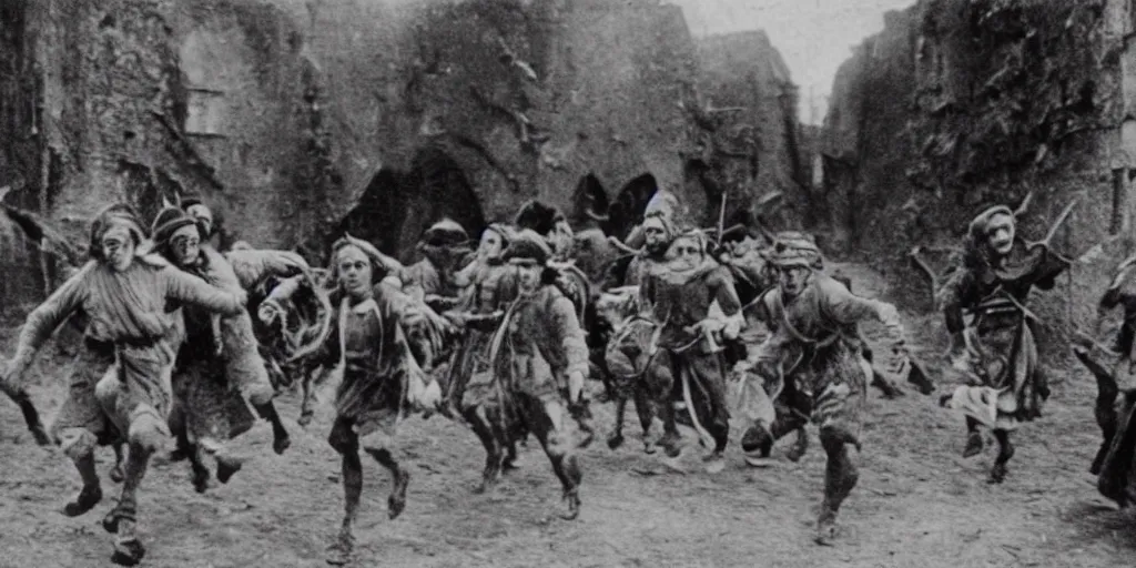 Image similar to villagers running from huge medieval fantasy town, 1 9 1 0 s film scene