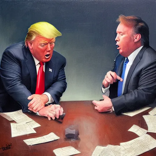 Image similar to portrait of donald trump and alex jones arguing, an oil painting by ross tran and thomas kincade