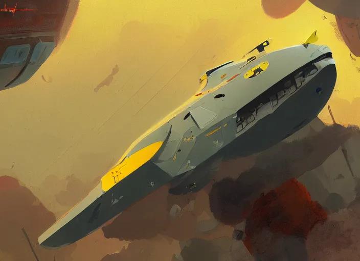 Prompt: a painting of a futuristic yellow submarine plane flying through the sky, red wings, concept art by Ian McQue, cgsociety, highly detailed, artstation, concept art, sci-fi