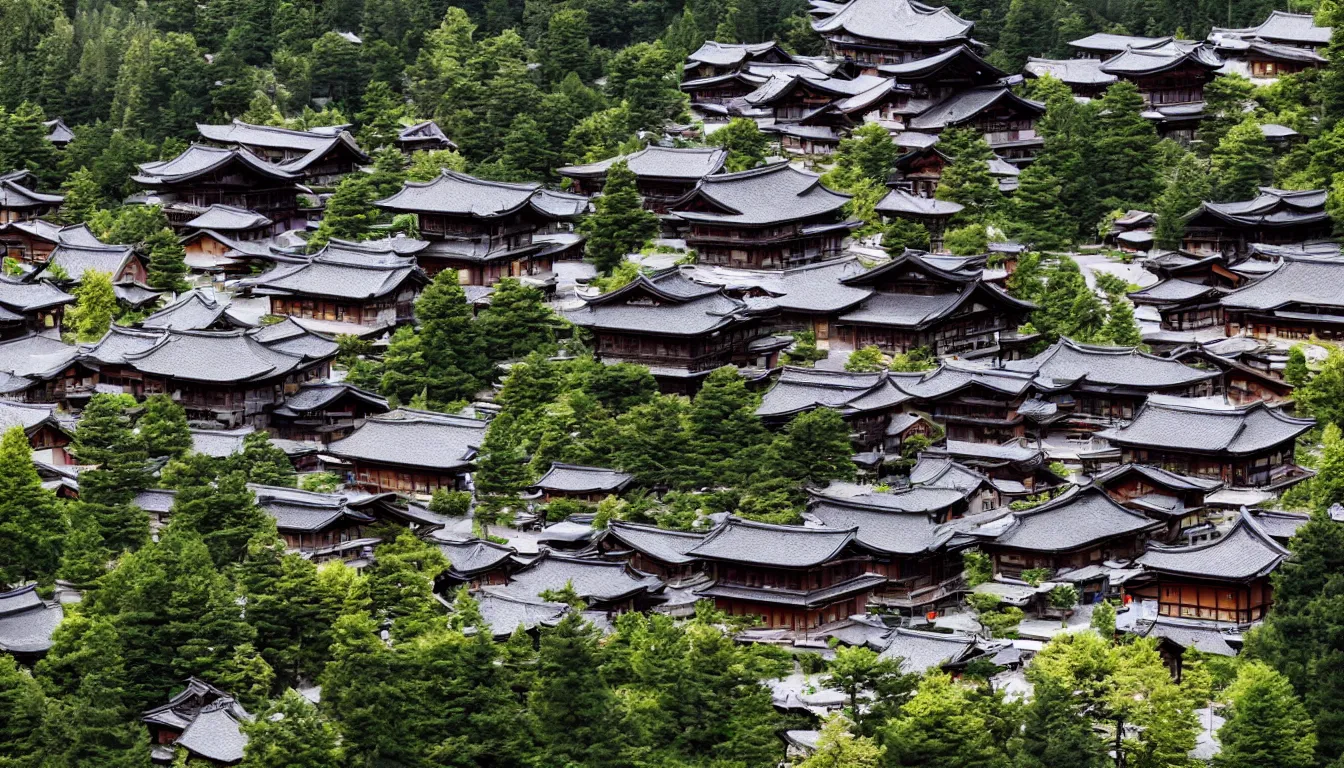 Image similar to ancient japanese town in the dolomites mountains, pagodas