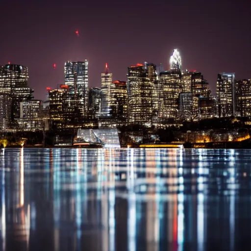 Image similar to a still of Justin Trudeau. He's wearing a dark suit. Studio lighting, Close. shallow depth of field. Professional photography City at night in background, lights, colors,4K