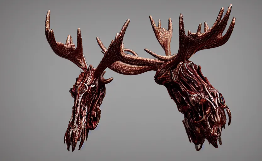 Prompt: stylized shiny polished silver statue bizarre cosmic horror quadruped animal moose deer skull four legs made of slug creature tendrils, perfect symmetrical body, perfect symmetrical face, hyper realistic, hyper detailed, by johannen voss, by michelangelo, octane render, blender, 8 k, displayed in pure white studio room anatomical deep red arteries veins spaghetti flesh