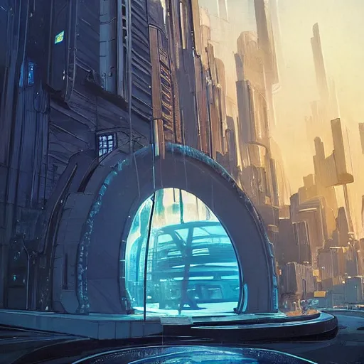 Image similar to circular derelict portal in a middle of a futuristic cityscape, world seen only through a portal, daylight, cinematic perspective, cinematic lighting, blue sky, syd mead, john harris