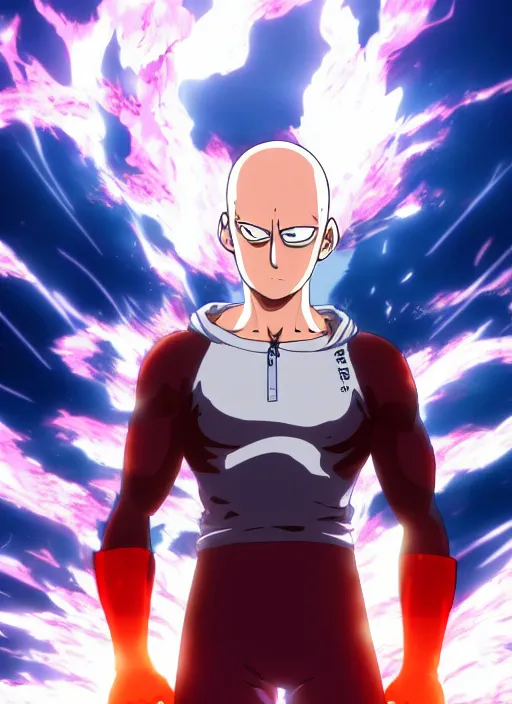 Prompt: Realistic portait of Saitama raging to the camera, ruined anime city background, fallen meteor, hero, one punch man, movie shot, cinematic perspective, full hd, studio, Vibrant colors, 8k