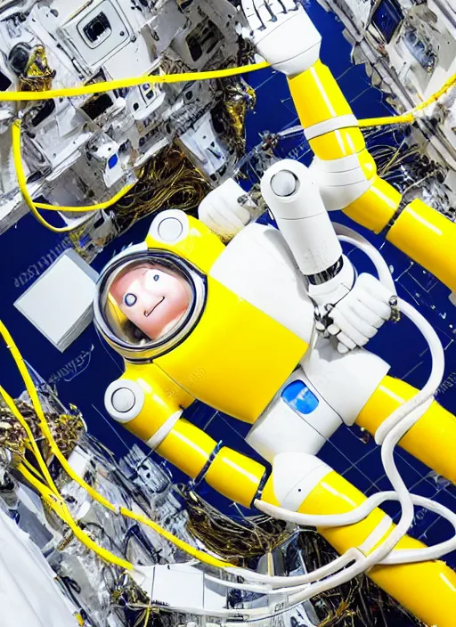 Prompt: a female robot astronaut lying in a massive bundle of thick white and yellow cables, exquisite detail