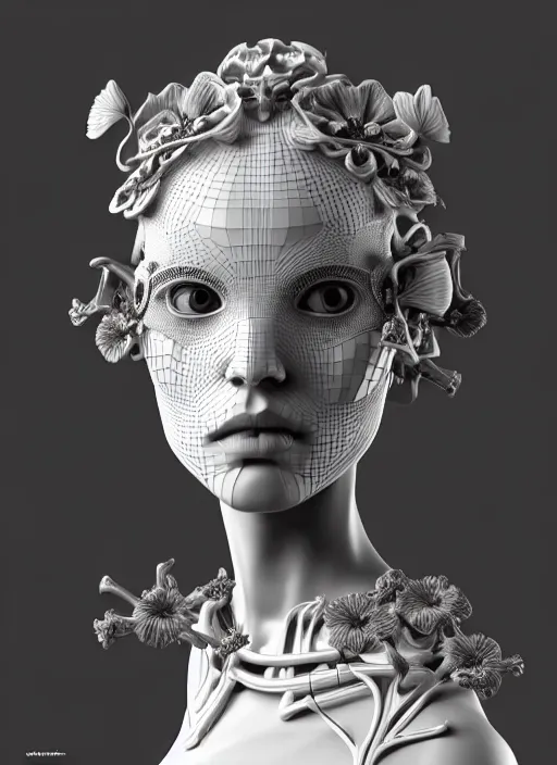 Image similar to monochrome 3 d model, biomechanical beautiful young female cyborg with porcelain profile face and a big floral eye, volumetric light, leaves foliage and stems, hibiscus flowers, boho floral vines, sinuous fine roots, fine foliage lace, alexander mcqueen, rim light, big gothic fashion pearl embroidered collar, steampunk, octane render, 8 k