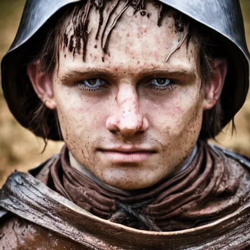 Image similar to Young medieval squire. Standing in the mud. Face closeup. Hyper realistic photo.