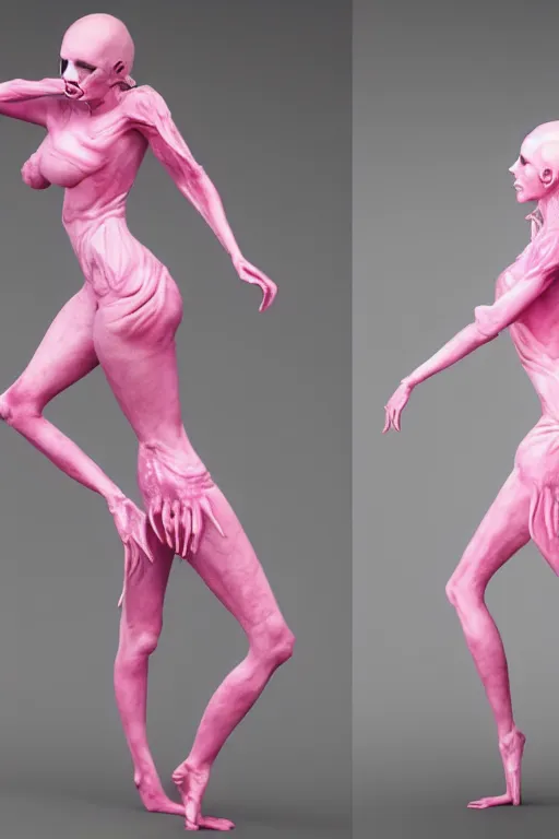 Prompt: creature's form with feminine curves and skin texture, feminine features, feminine fluid, creature with soft orchid - like bones, colour mist pink, form by augustin cardenas, 3 d rendering, 8 k