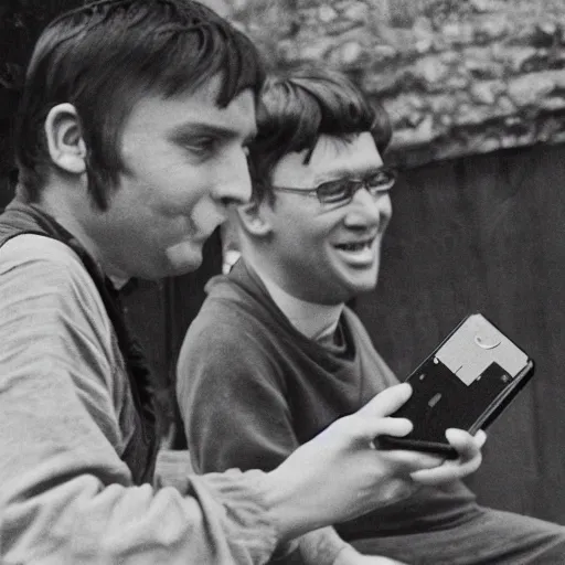 Prompt: a photograph of two men from the 1 2 th century playing on a handheld console