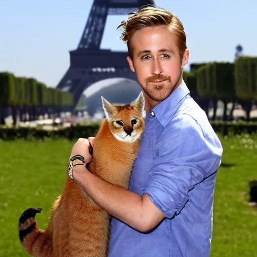 Image similar to Ryan Gosling holds a caracal cat in his hands against the backdrop of the Eiffel Tower