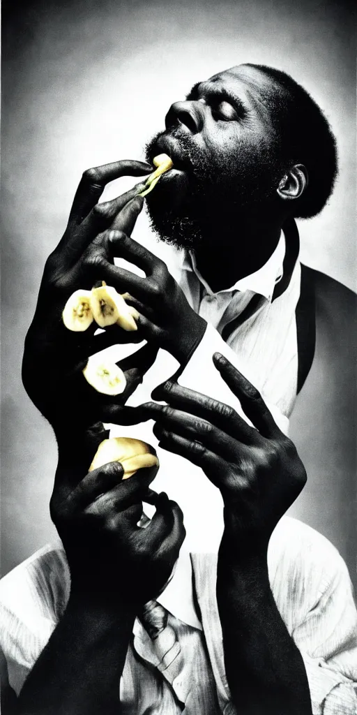 Image similar to award winning photo of thelonious monk EATING banana republic, vivid colors, happy, symmetrical face, beautiful eyes, studio lighting, wide shot art by Sally Mann & Arnold Newman